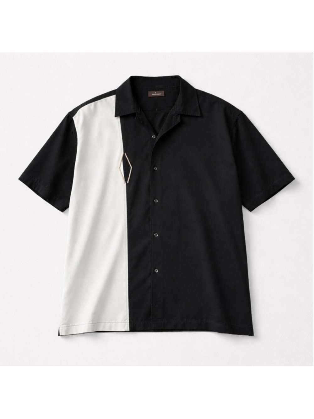 Café Luna Black Geometric Embroidered Short Sleeve Button-Up Shirt Men's L Retro